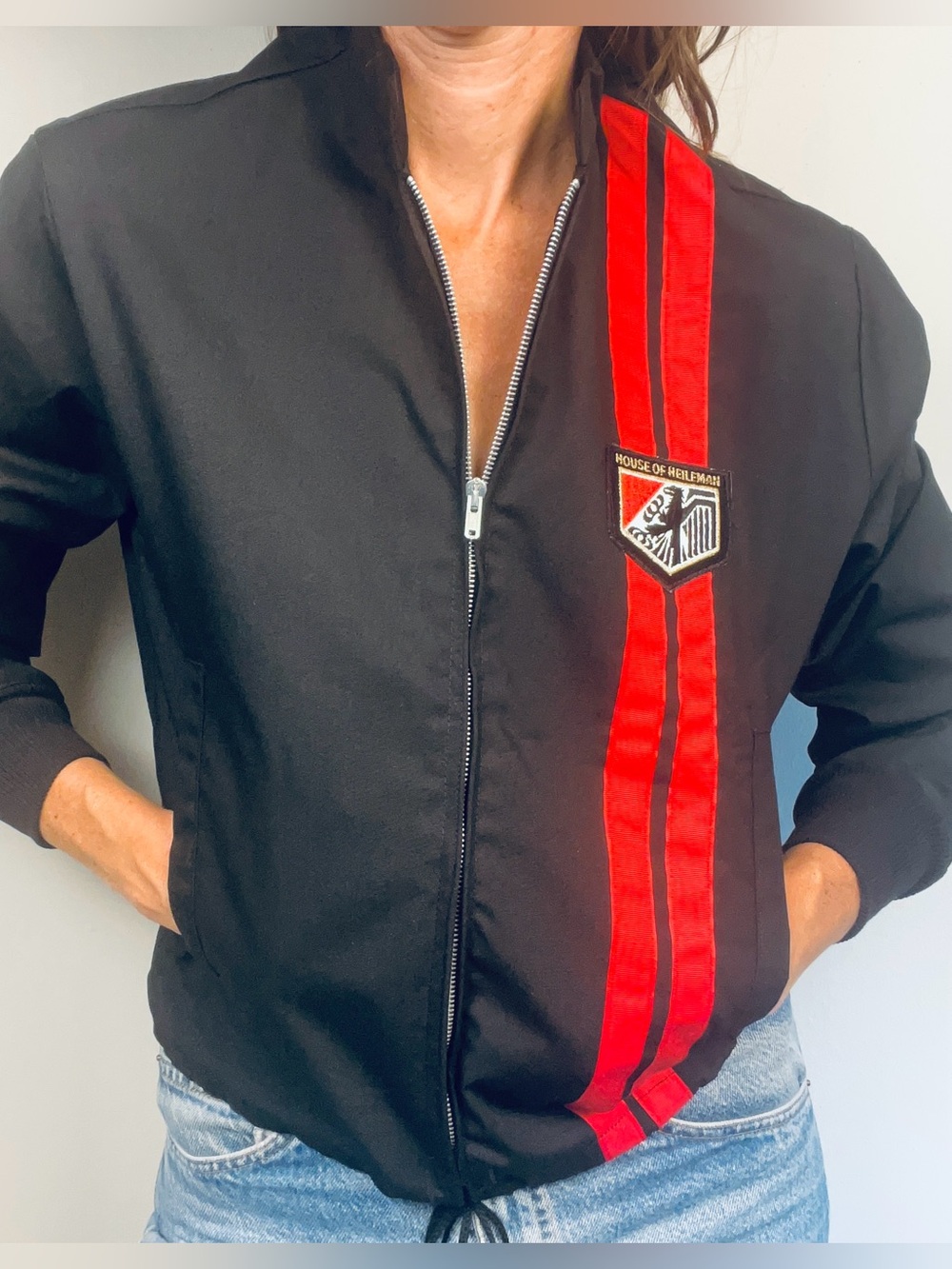 Vintage 70s Swingster "House of Heileman" RetroRacingJacket–Black & Red Stripe
